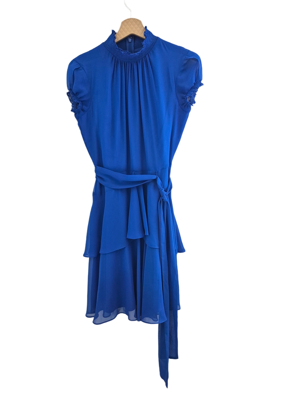 Alex Marie Royal Blue High Neck Tiered Ruffle Mini Dress Size 8 Tie Waist